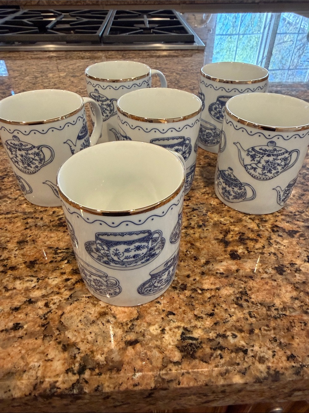 Abbott Collection 6 White Blue Gold Tea Coffee Cups Mugs - whimsical - high tea